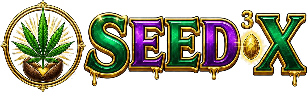 SEED³X Markenbanner in den Markenfarben Weiß, Grün, Gold und Lila